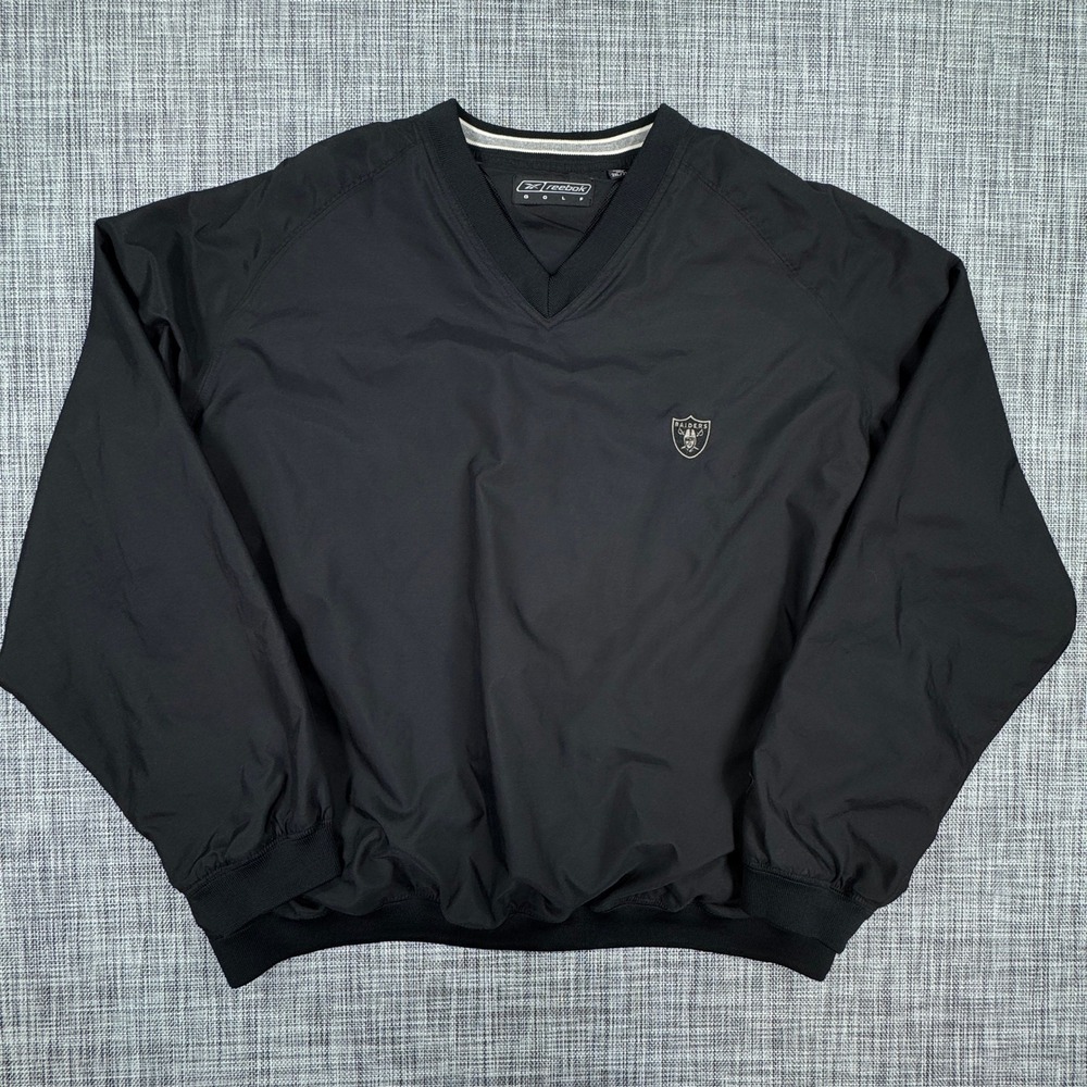 Reebok Golf Mens 2XL Raiders V-Neck Windshirt Black Embroidered Pullover Jacket